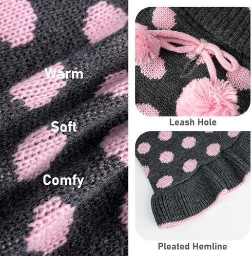 Vista 3 de KYEESE Suéteres para Perros con Agujero para la Correa Suéter Vestido Pequeño de Cuello Alto para Perros para Hembra Tejido de Lunares Cálido Ropa