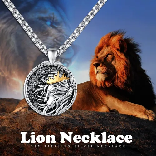 Vista 8 de XIXLES LionTiger Head Necklace 925 Sterling Silver Gold Plated Embossed Shiny 3D Animal Head Pendant, Charm TigerLion Medal Jewelry Gift for Men