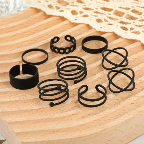 Vista 2 de Juego de anillos negros para nudillos para mujer, vintage, apilables, anillos midi bohemios, de cristal, perla y ola marina, paquete de anillos