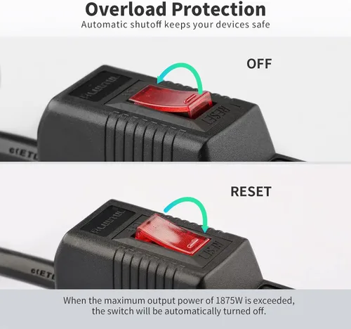 Vista 6 de PLUGTUL Paquete de 2 protectores de sobretensiones con 6 tomas de corriente y cable de extensión de 2 pies, 1875 W/15 A, 90 julios, protección Negro