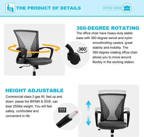 Vista 4 de TTY Store Silla de oficina de malla para el hogar, silla de escritorio ergonómica con soporte lumbar, reposabrazos ejecutivo, ajustable, giratoria