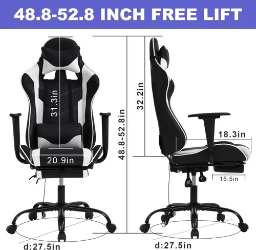 Vista 3 de HCY Silla ergonómica de respaldo alto, estilo carreras, con reposapiés, reposacabezas y soporte lumbar, altura ajustable, silla de oficina de piel