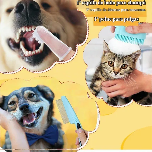 Vista 6 de Kit de aseo para mascotas, kit de limpieza automática con cortaúñas, peine de pulgas, cepillo de baño de champú, cepillo de dientes para dedos, Azul