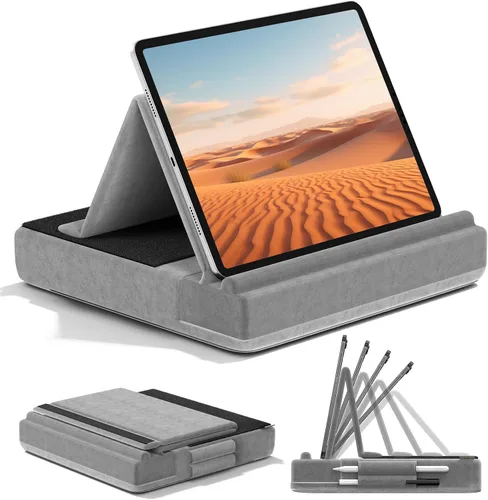 Vista 9 de KDD Soporte de almohada para tableta, soporte de iPad de visión multiángulo para regazo, cama y escritorio, base plegable con soporte para lápiz