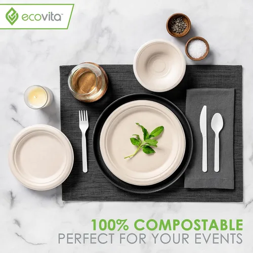 Vista 6 de Ecovita Platos de papel 100 % compostables [7 pulgadas] – 150 platos desechables ecológicos, resistentes, libres de árboles y líquidos y resistentes