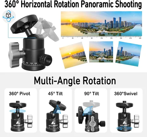 Vista 2 de Ailight Mini cabeza de bola, cabezal de trípode panorámico de 360°, adaptador de tornillo universal de 1/4 a 3/8 pulgadas, soporte de trípode