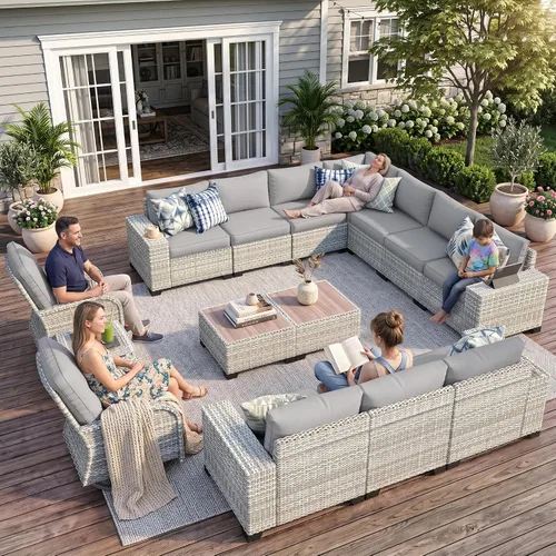 Vista 41 de Muebles de patio al aire libre conjunto PE mimbre ratán al aire libre sofá seccional Gris