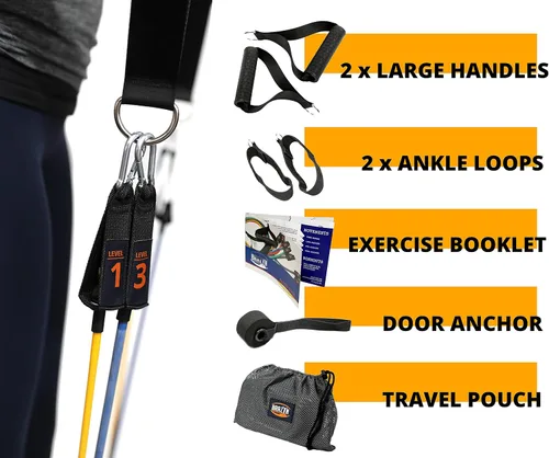 Vista 5 de Brazyn Kit de bandas de resistencia con asas, juego de 12 bandas con bolsa de viaje, guía, correas de tobillo y anclaje de puerta