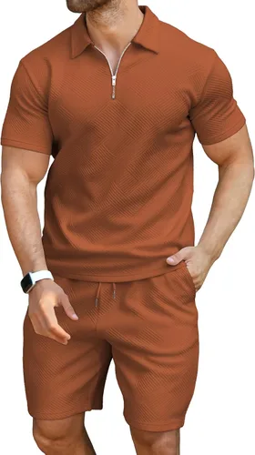 Vista 2 de KUYIGO Conjunto de camisa polo y pantalones cortos para hombre, trajes de verano a la moda, casual, de manga corta, traje de 2 piezas para hombre