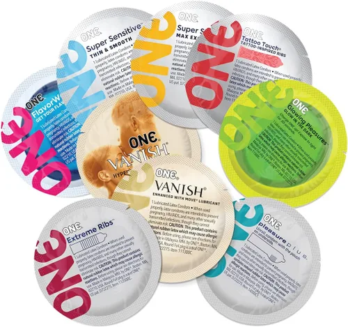 Vista 2 de ONE® Condones Mixed Pleasures™ Paquete variado Preservativos ultrafinos, brillantes, saborizados y texturizados 24