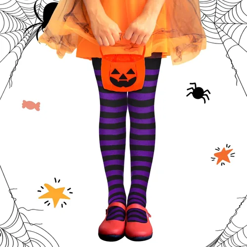 Vista 6 de Hercicy Juego de 5 piezas de disfraz de bruja de Halloween, calcetines a rayas para festival, bolsa de truco o trato de calabaza para niños y niñas