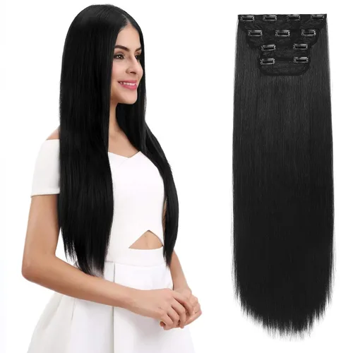 Vista 11 de REECHO - Juego de 4 extensiones de cabello sintético con clip de 12 pulgadas, 14 pulgadas y 16 pulgadas, lacio, largo y grueso, marrón oscuro