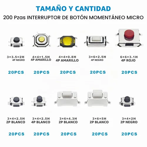 Vista 2 de QTETAK - Juego surtido de 200 piezas de 10 valores micro momentáneos con botón táctil