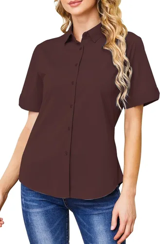 Vista 17 de Camisas con botones para mujer, sin arrugas, ajustadas, manga corta, formal, sólidas, blusas
