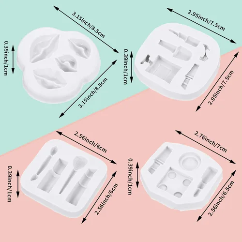 Vista 3 de 7 moldes de silicona para San Valentín, moldes de silicona con temática de maquillaje para pastel, chocolate, beso, lápiz labial, perfume, tacones