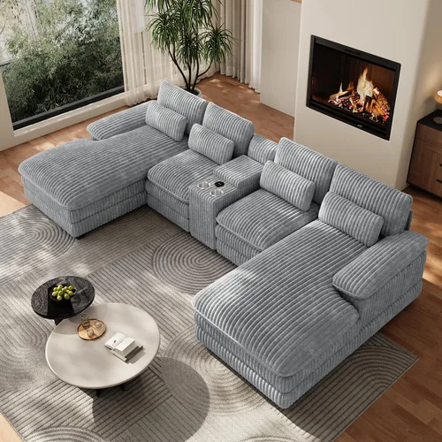 Vista 12 de Sofá seccional en forma de U de 132 pulgadas, mullido y afelpado de pana de 4 asientos, sofás seccionales color negro para sala de estar, cómodo