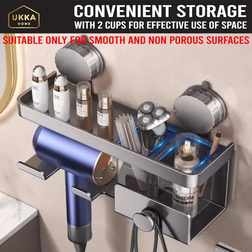 Vista 8 de Soporte de aluminio para secador de pelo con ventosa. Estante organizador de almacenamiento con estante para accesorios y herramientas para el baño.