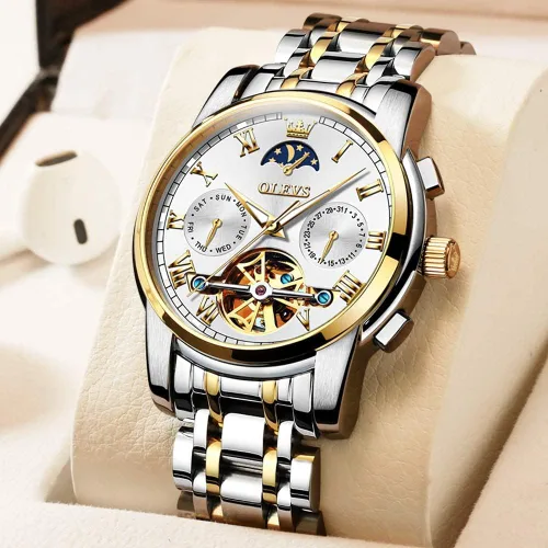 Vista 2 de OLEVS Relojes automáticos para hombre diseño de esqueleto Tourbillon cuerda automática reloj de pulsera de lujo fase lunar fecha impermeable