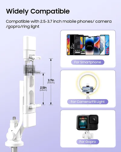 Vista 6 de Trípode para selfie stick de 53 pulgadas con luz, soporte mejorado para teléfono celular de 4 patas, trípode para cámara con control remoto Blanco a