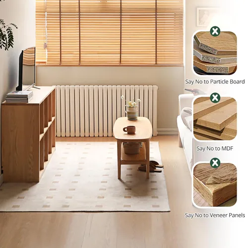 Vista 6 de Mesa de centro 100% madera de roble maciza con estante abierto, mesa de centro ovalada estrecha para espacios pequeños, sala de estar