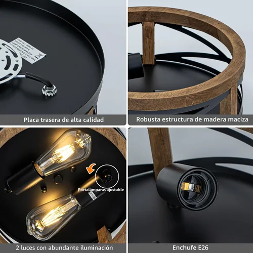 Vista 7 de Lámpara de Techo Estilo Granja, Lámpara de Techo Empotrada Redonda de 2 Luces con Marco de Madera y Metal, Luminaria Rústica Negra para Pasillo