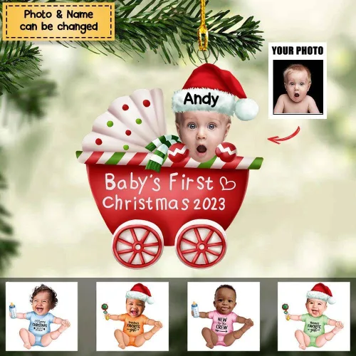 Vista 3 de Adorno acrílico personalizado de la foto Baby Onesie My First Christmas, Adorno de imagen de la primera Navidad del bebé 2023, adorno de Navidad