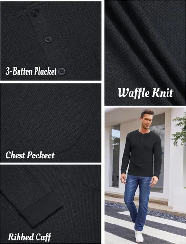 Vista 4 de COOFANDY Camisas Henley de manga larga para hombre con bolsillo