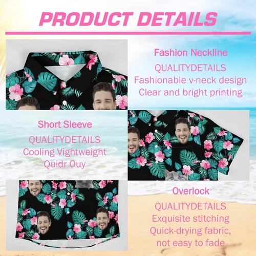 Vista 5 de Camisa hawaiana personalizada para hombres con cara, camisas florales tropicales personalizadas con foto de marido Aloha Beach Flower Shirt