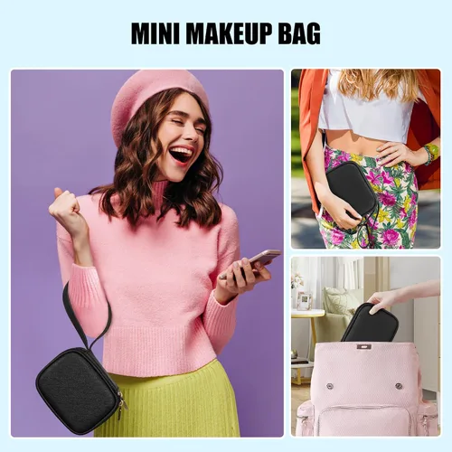 Vista 5 de Relavel Mini bolsa de maquillaje con espejo LED, pequeña bolsa de 01-Negro