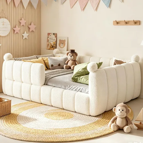 Vista 10 de Cama de suelo tapizada con valla, cama de piso tamaño individual con Beige