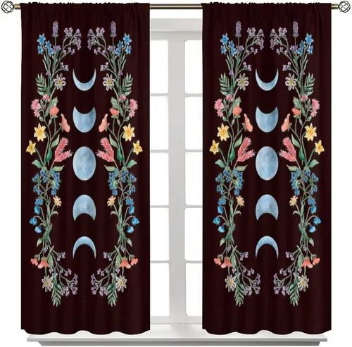 Vista 2 de Cortinas florales de luna, flores negras, fase de flores silvestres, luz de luna, jardín, estética, bohemio, primavera, vides, naturaleza, juego