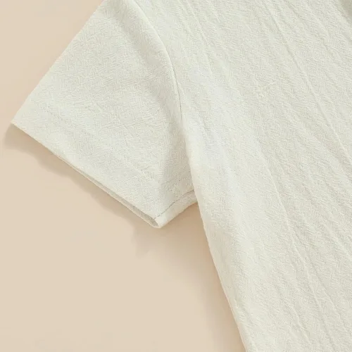 Vista 6 de Conjunto de 2 piezas de ropa de algodón y lino de manga corta con botones y pantalones cortos de cintura elástica para bebé niño