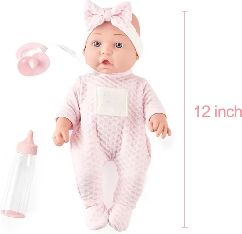 Vista 4 de Juego de muñecas realistas de 12 pulgadas en caja de regalo, incluye chupete, botella y manta suave, juguete de muñeca recién nacida para niñas