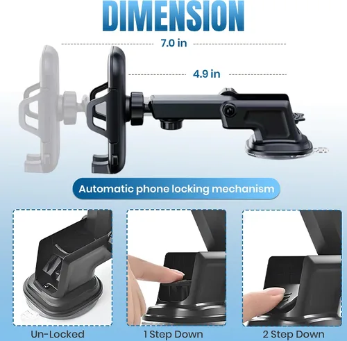 Vista 4 de Soporte de teléfono para automóvil, soporte de teléfono ajustable en 360°, soporte de teléfono celular para salpicadero y parabrisas, compatible