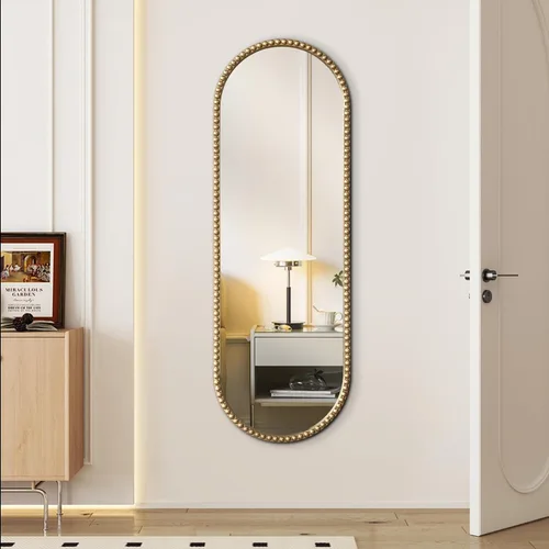 Vista 2 de Espejo de cuerpo entero ovalado dorado antiguo, espejo de pared de cuerpo completo, espejos barrocos con cuentas de metal dorado, espejo decorativo