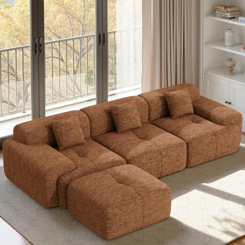Vista 16 de Sofá modular convertible en forma de L de 122", sofá seccional tipo nube con otomán, sofás de chenilla sin estructura de 4 plazas para sala de Beige