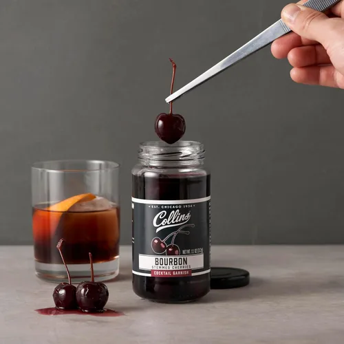 Vista 10 de Collins Bourbon Cocktail Cherries - Aderezo para bebidas para cócteles Manhattan o Old Fashioned y postres, hecho con whisky galardonado, frasco