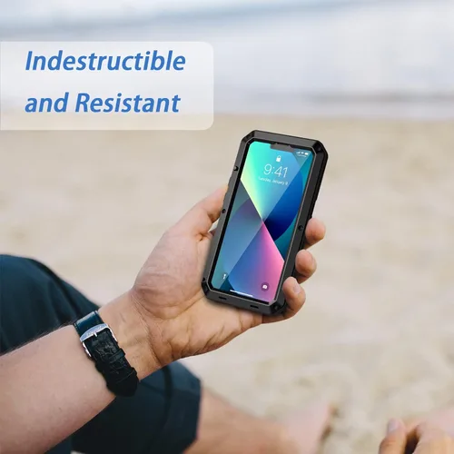 Vista 7 de Lanhiem Funda de metal para iPhone 13, resistente a los golpes, con protector de pantalla de vidrio integrado, funda protectora de cuerpo completo