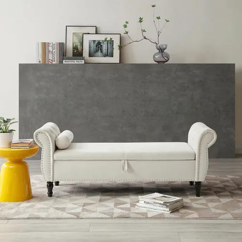Vista 3 de Banco de almacenamiento rectangular de terciopelo de 63 pulgadas, taburete otomano, con botones copetudos, bancos de ventana con ribete de cabeza