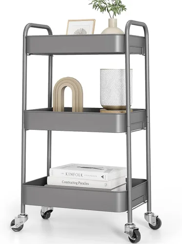 Vista 12 de TOOLF Carrito de metal de 3 niveles con ruedas, carrito organizador de almacenamiento para cocina, baño, oficina, artículos esenciales para bebés