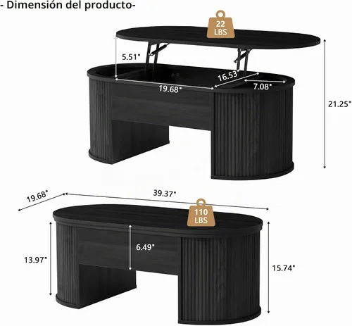 Vista 2 de QHITTY Mesa de Centro de Café Acanalada con Tapa Elevable, Mesa de Centro de Café Ovalada de Madera con Tapa Elevable y Compartimento Oculto, Mesas