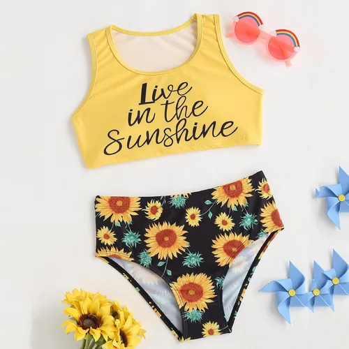 Vista 2 de Trajes de baño con volantes para bebés, bikini hueco, traje de baño de verano para niños, conjunto de girasol y letras para niños (amarillo, 11 años)