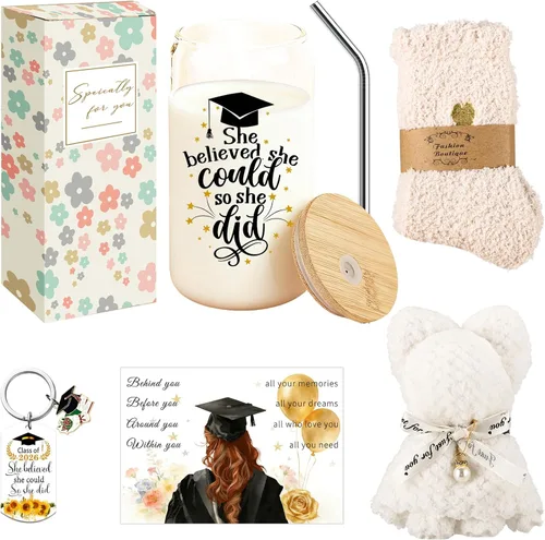 Vista 13 de 8 PCS Mejor Juego de Regalo para Profesoras 16oz Vaso de Café de Vidrio con Tapa y Pajita, Calcetines Acolchados, Bolsa de Regalo, Llavero y Tarjeta
