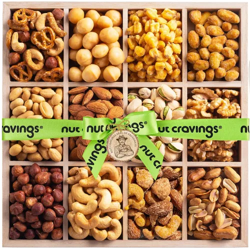 Vista 19 de NUT CRAVINGS - Cesta de regalo de nueces mixtas en bandeja de madera de diamante reutilizable + cinta verde (12 surtidos) golosinas para adultos