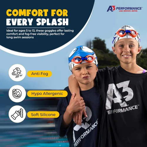 Vista 3 de A3 Flex Youth Swim Goggles 3-10 Leak-Free & Comfortable Kids Swim Goggles Easy Adjust Split Head Straps
