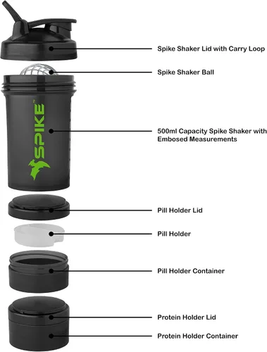 Vista 3 de Spike Pro Protein Shaker - Botella mezcladora con soporte para proteínas para mezcla de proteínas, ciclismo, gimnasio, botella de agua con bola
