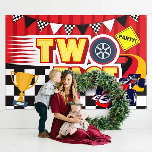 Vista 7 de Fondo de pancarta de fondo de dos rápidos, decoración de cumpleaños de coche de segunda carrera, suministros de fiesta para niños, 3.9 x 5.9 pies