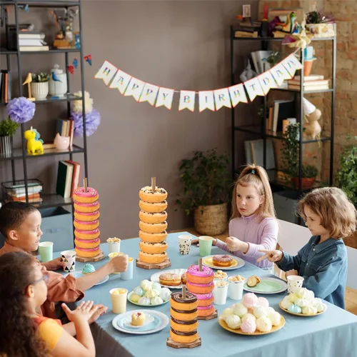Vista 8 de Cididu Soporte de madera para donas, 8 piezas, soporte para mesa de postre, torre de exhibición de palitos de dona rústicos desmontables para bodas