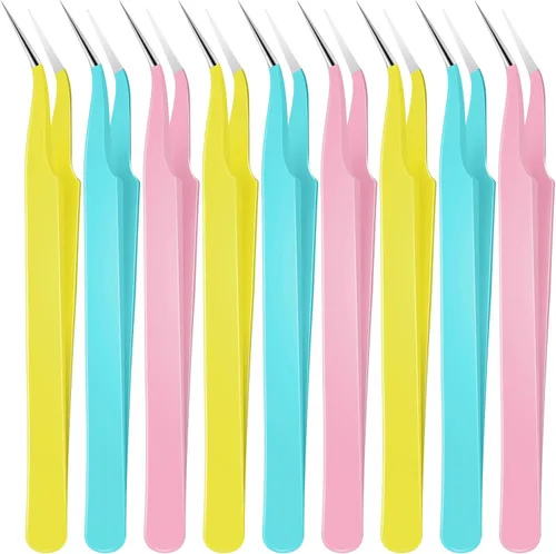 Vista 14 de Honoson 9 pinzas curvadas puntiagudas para manualidades, pinzas de precisión de acero inoxidable con cubierta protectora para diamantes