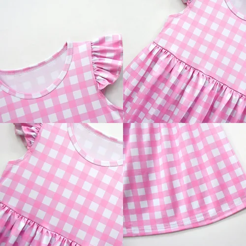 Vista 5 de ODASDO Vestido de cuadros rosa para niñas, disfraz de Halloween de los años 50, vestido a cuadros para fiesta de cumpleaños, sombrero y lazo